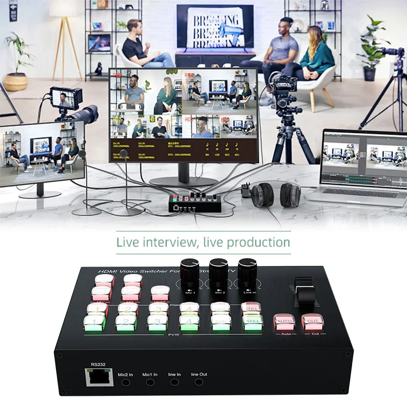 Mini 4 CH HDMI Video Multi Camera Switcher for Live Broadcast Streaming Production Video Mixer Switch Station with Type C Record