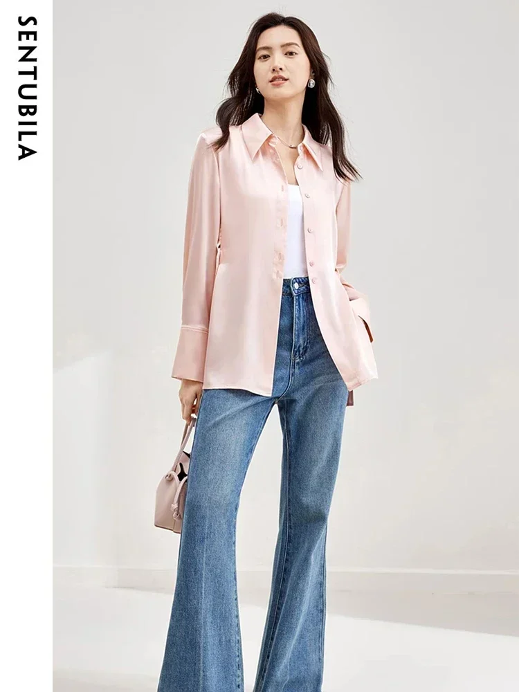 SENTUBILA 여성 우아한 셔츠 & 블라우스 2025 봄 오피스 레이디스 긴팔 탑 버튼 다운 릴랙스 핏 셔츠 M43C57999X