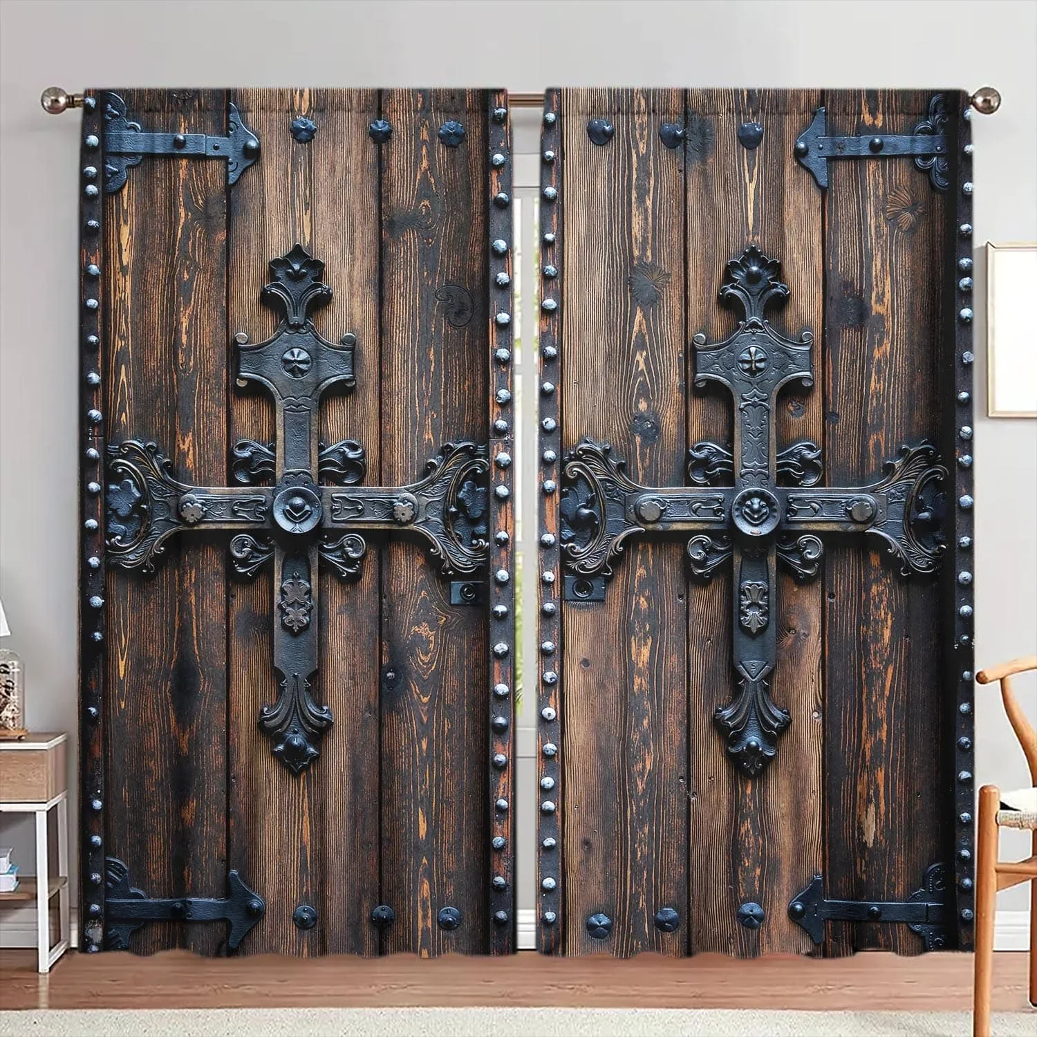 2 Stück Retro-Kreuz-Holztür-bedruckte Vorhänge – künstlerische Heimdekorationsvorhänge, dekorative Vorhänge für alle Jahreszeiten