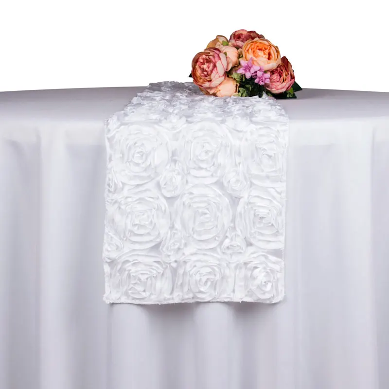 30x275CM Polyester 3D Rosette Embroidery Satin Table Runners White Tablecloths Hotel Wedding Party Home Decor Table Covers Solid