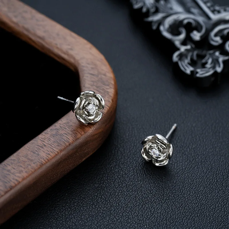 3D Stereo Rose Inlaid Zircon Stud Earrings Stainless Steel Elegant Tiny Daily Wear Piercing for Men