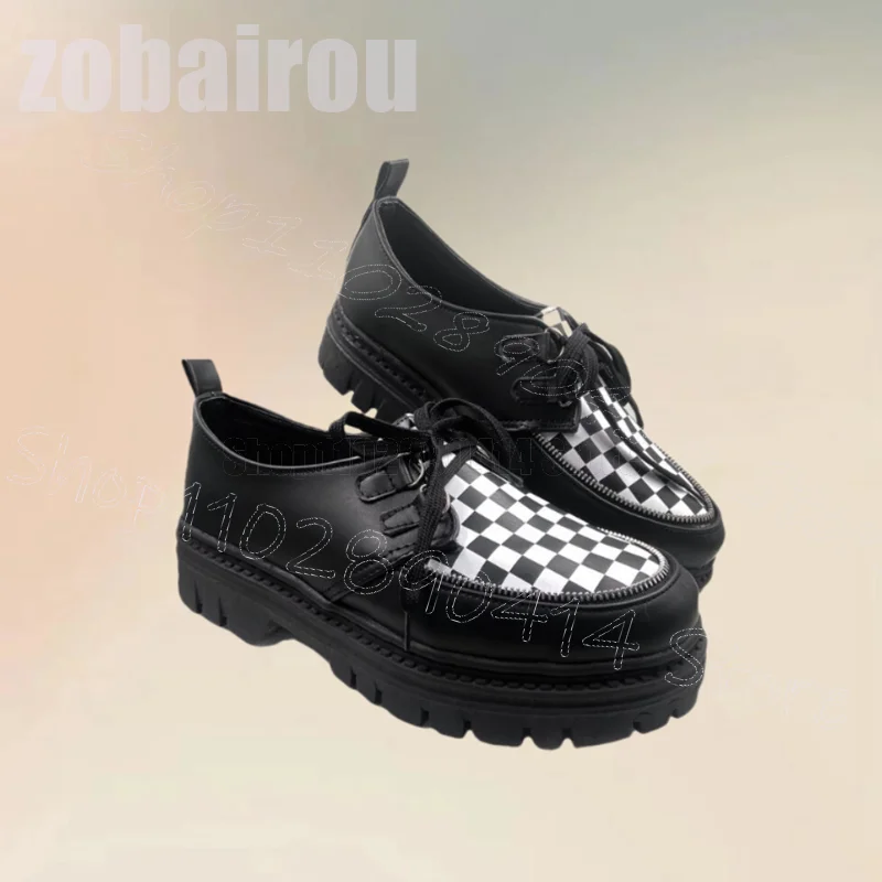 Checkerboard Design Black Round Toe Platform Loafers Fashion Lace Up Men Shoes Luxurious Handmade Party Dating Men Casual Shoes