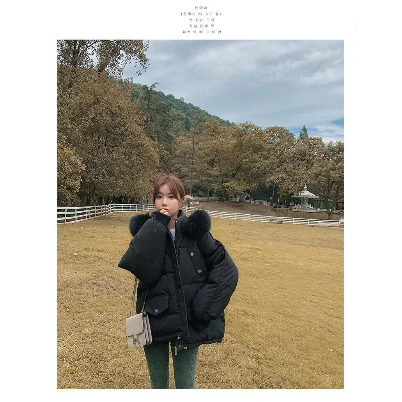 

Хлопковая женская куртка, свободный корейский универсальный топ с большим меховым воротником, утепленный теплый пух