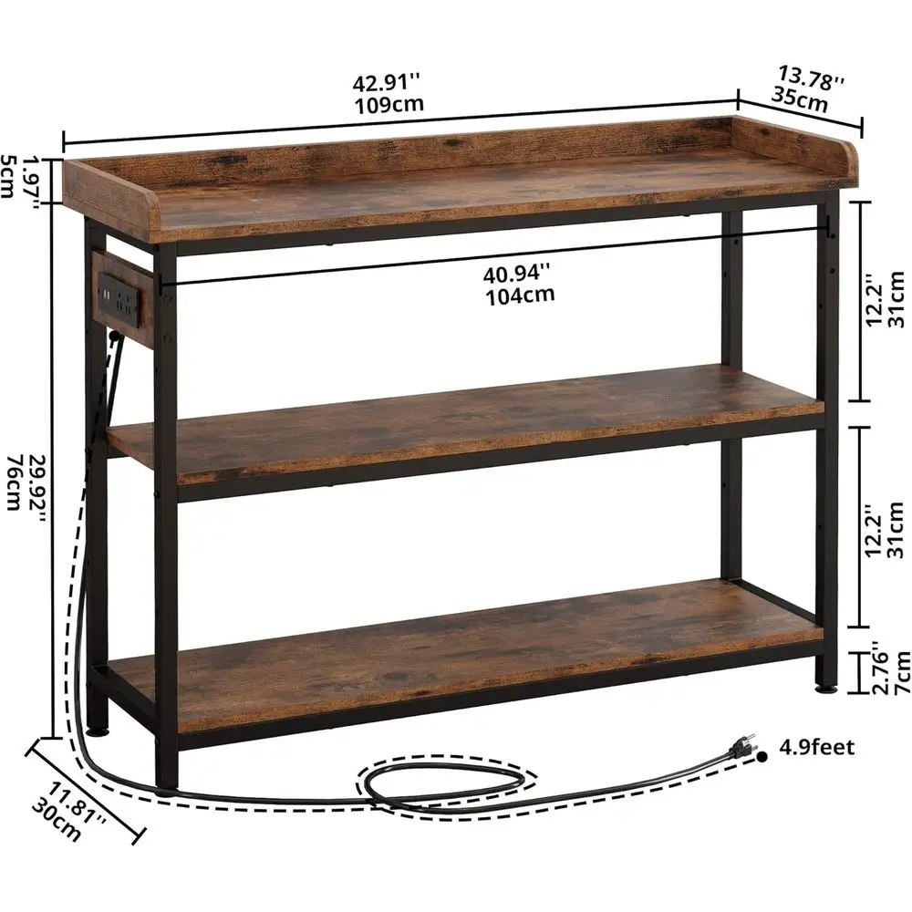 Rustic Brown Farmhouse Console Table with Power Outlet, Height Adjustable, Easy Assembly, 43 for Entryway and Living Room
