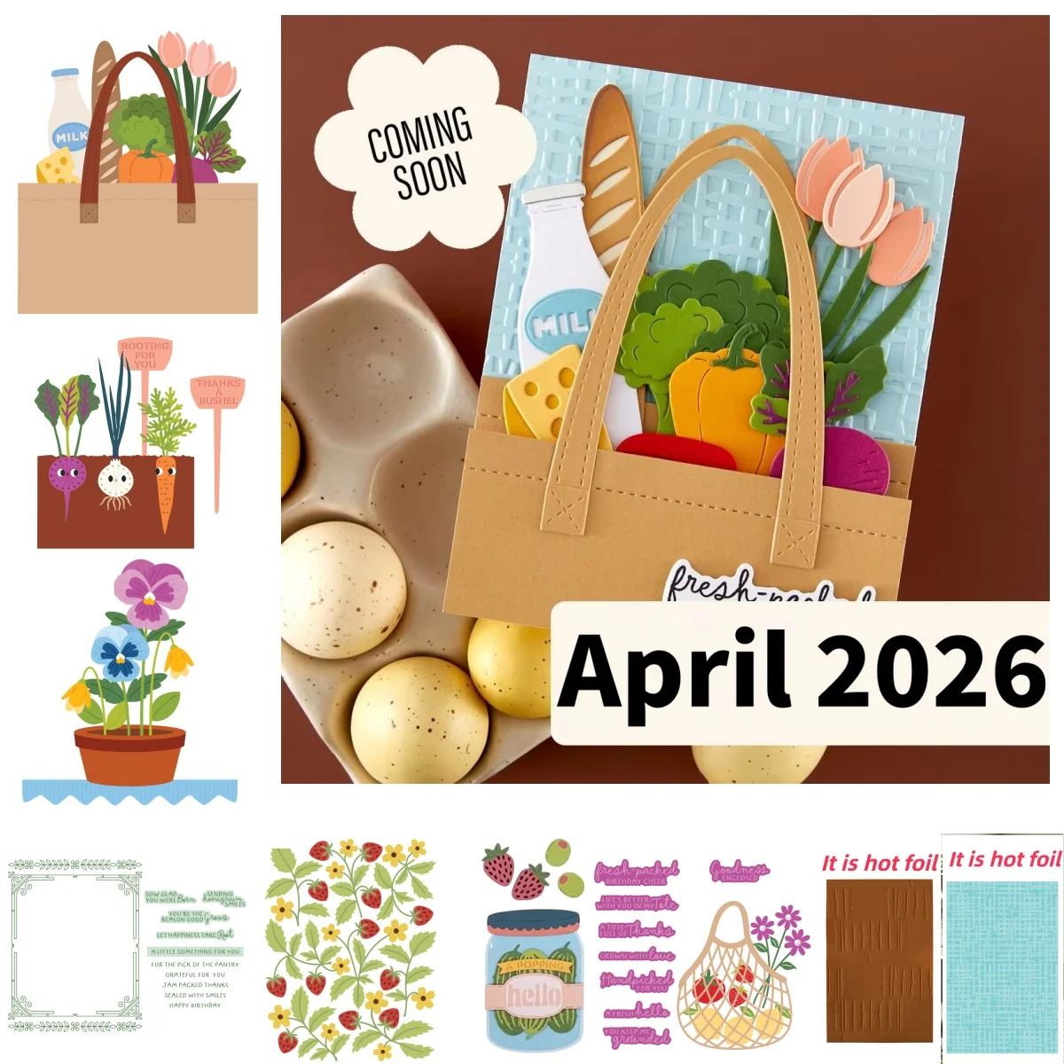 Abril 2026 Troqueles de corte de metal con diseño de semillas de pansy y motivos de mercado, Sellos transparentes, Plantilla con motivos de frutas del mercado, Lámina caliente para manualidades DIY, creación de tarjetas y álbumes de recortes