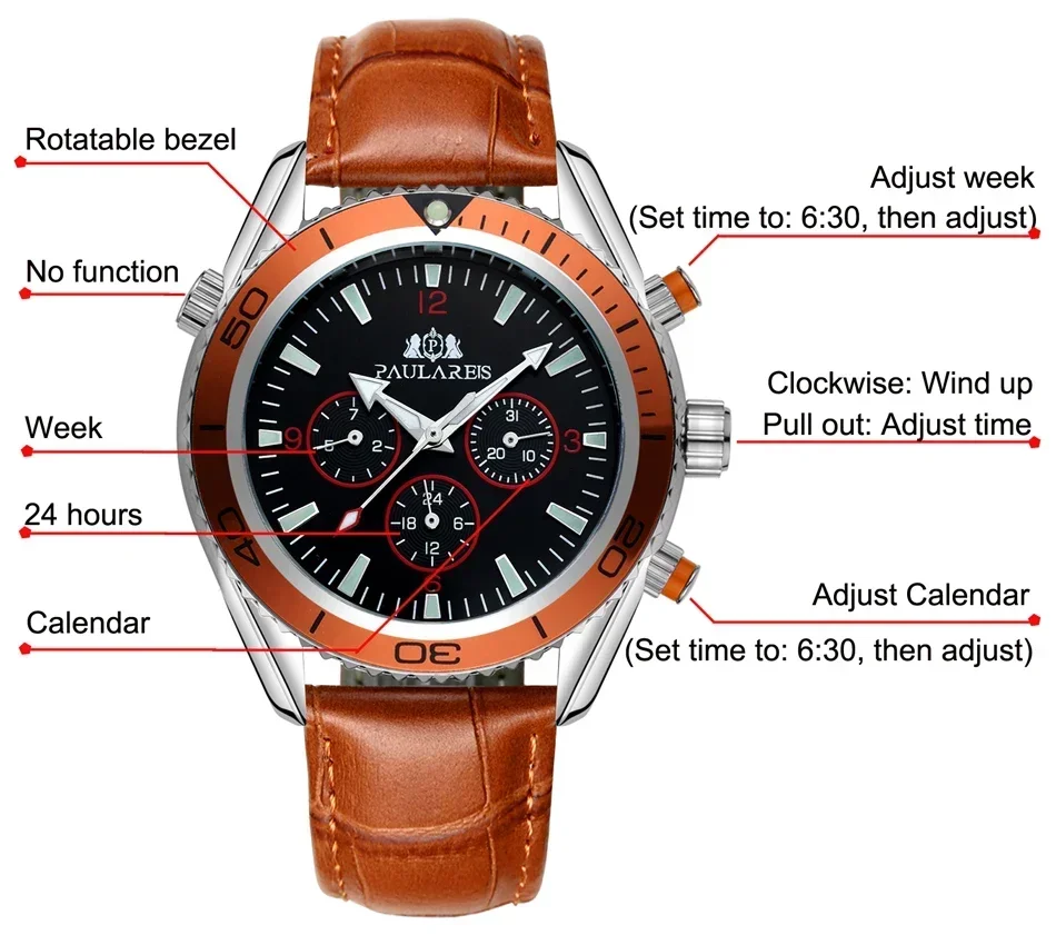 Automatic Watch for Men Mechanical Orange Blue Black Leather Rubber Stainless Steel Classic Reloj Hombre Baratos