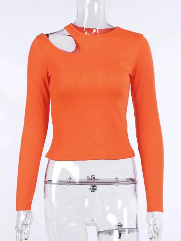 Sexy Aushöhlen Frauen T Shirt Casual Rundhals Langarm Dünne Cropped Tops Herbst Solide Elegante Grundlegende Tees
