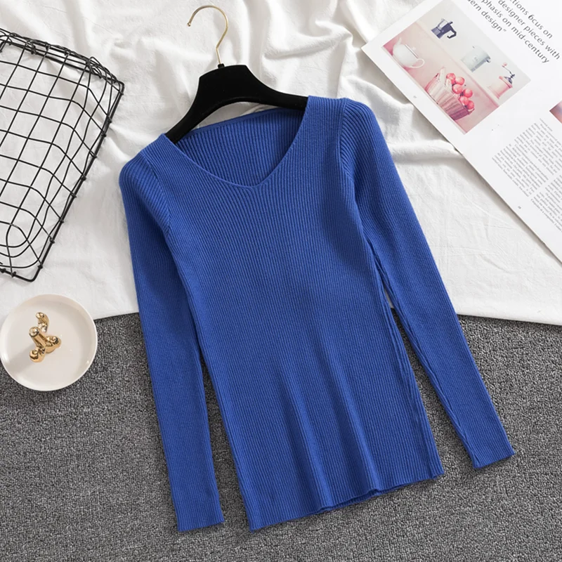 Autumn Thin Sweater Women Fashion Slim Solid Basic Pullover Korean Casual Simple V-Neck Long Sleeve Knitted Female Tops