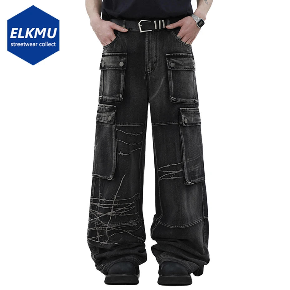 

Loose Wide Leg Denim Pants Men Black Baggy Jeans Embroidery Multi Pocket Oversized Cargo Jeans Hip Hop Streetwear Man Jeans