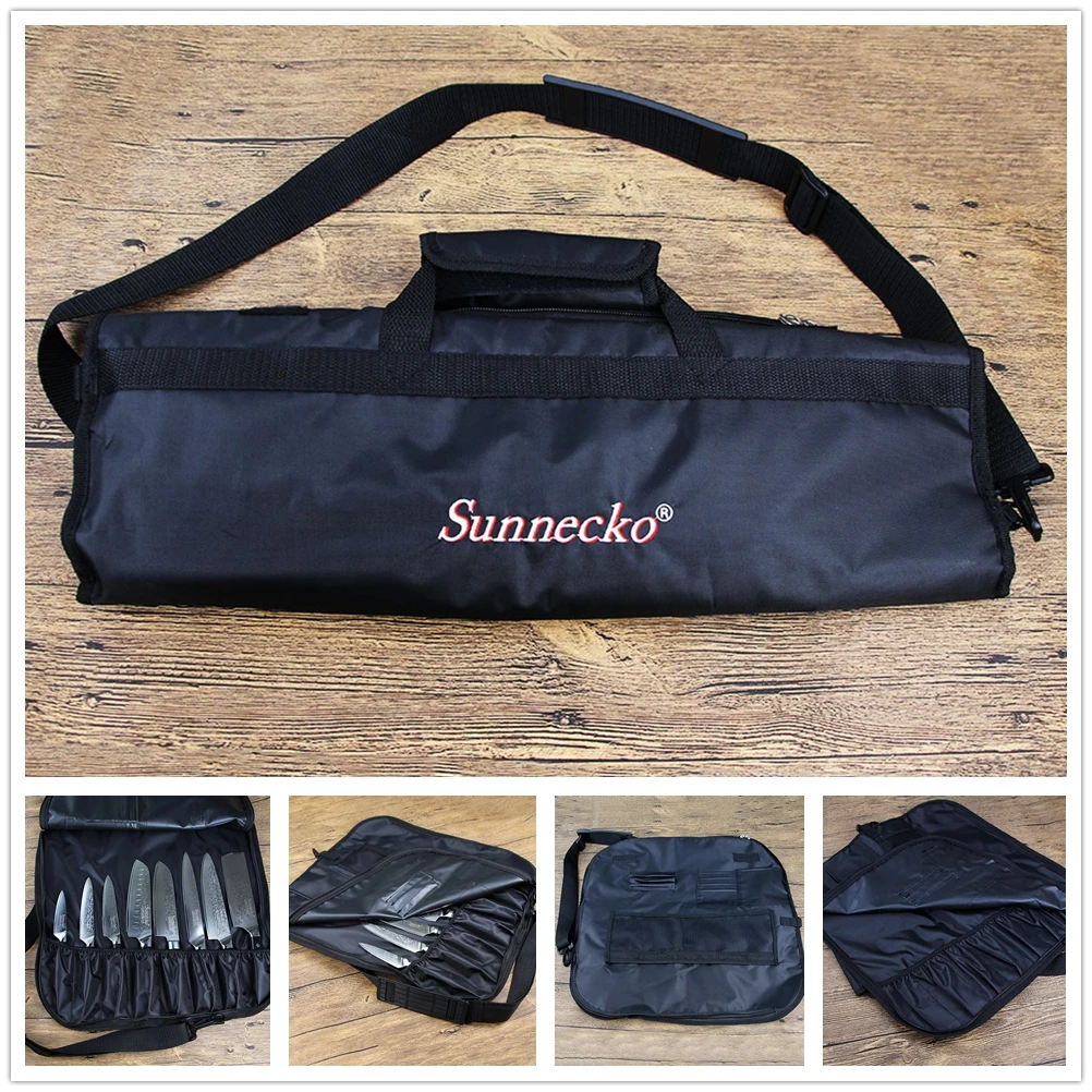 SUNNECKO Roll Bag 8 Slots Kitchen Chef's Knife Storage Camping Stainless Damascus Steel Knife Shoulder Strap Easy Case Carrier