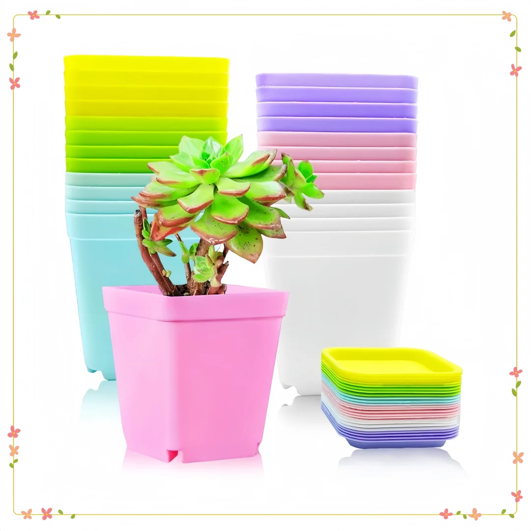 

Colorful Flower Pots Square Plastic Planters w/ Saucers, Ideal for Succulents, Room Garden Office Balcony Decor