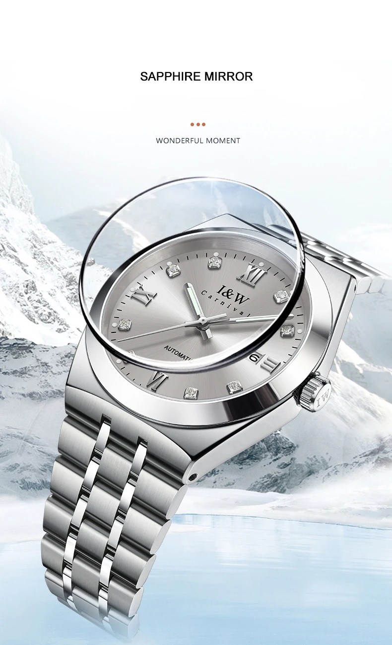 I&W ساعات رجالي فاخرة 42 ملم ساعة يد ميكانيكية أوتوماتيكية 50 متر مقاومة للماء C3 حزام فولاذي مضيء ياقوت