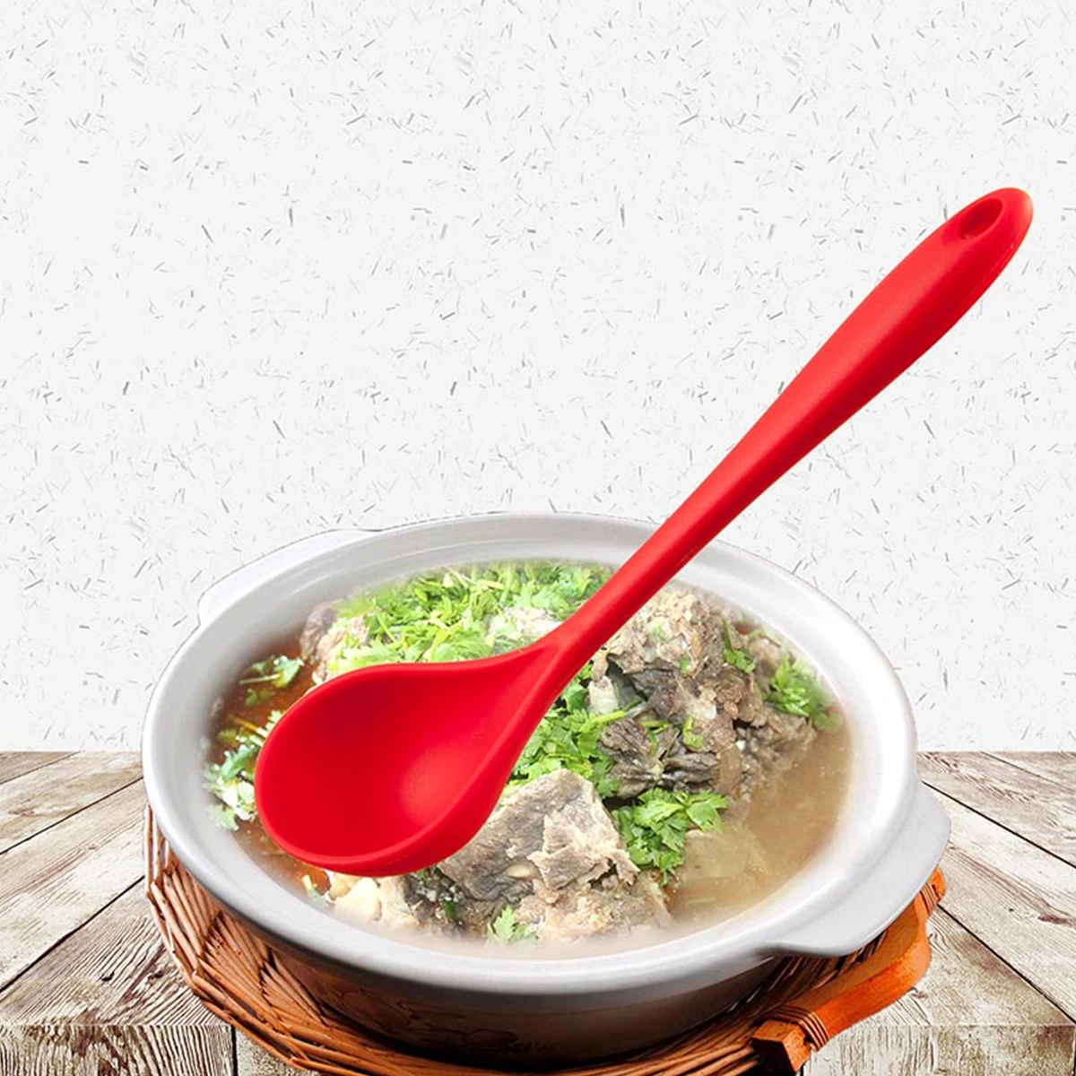 

Silicone Soup Red Food Grade Kitchen Cooking Tool With Hanging Hole Ladle For Home Camping Family Buffet Kitchen Gadget