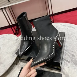 Women's Rivet Ankle Boots Black Design 8.5cm Stiletto Sexy Pumps Temperament Pointy High-heeled Leather High Quality Women Shoes