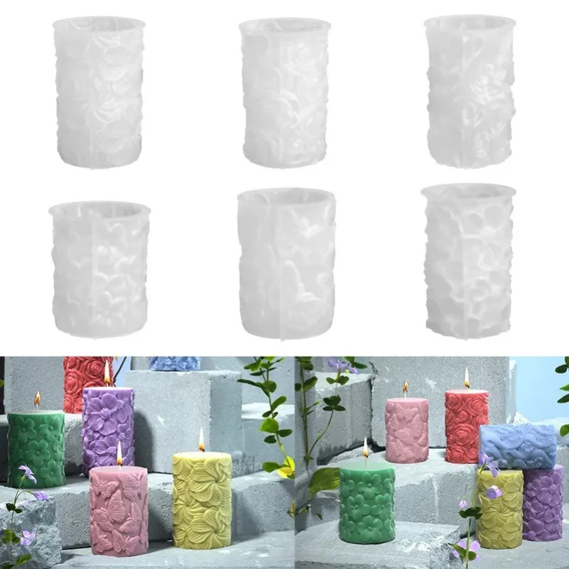 

3D Relief Flower Butterfly Rose Cylinder Silicone Candle Mold DIY Aromatherapy Gypsum Soap Crafts Resin Making Molds Home Decor