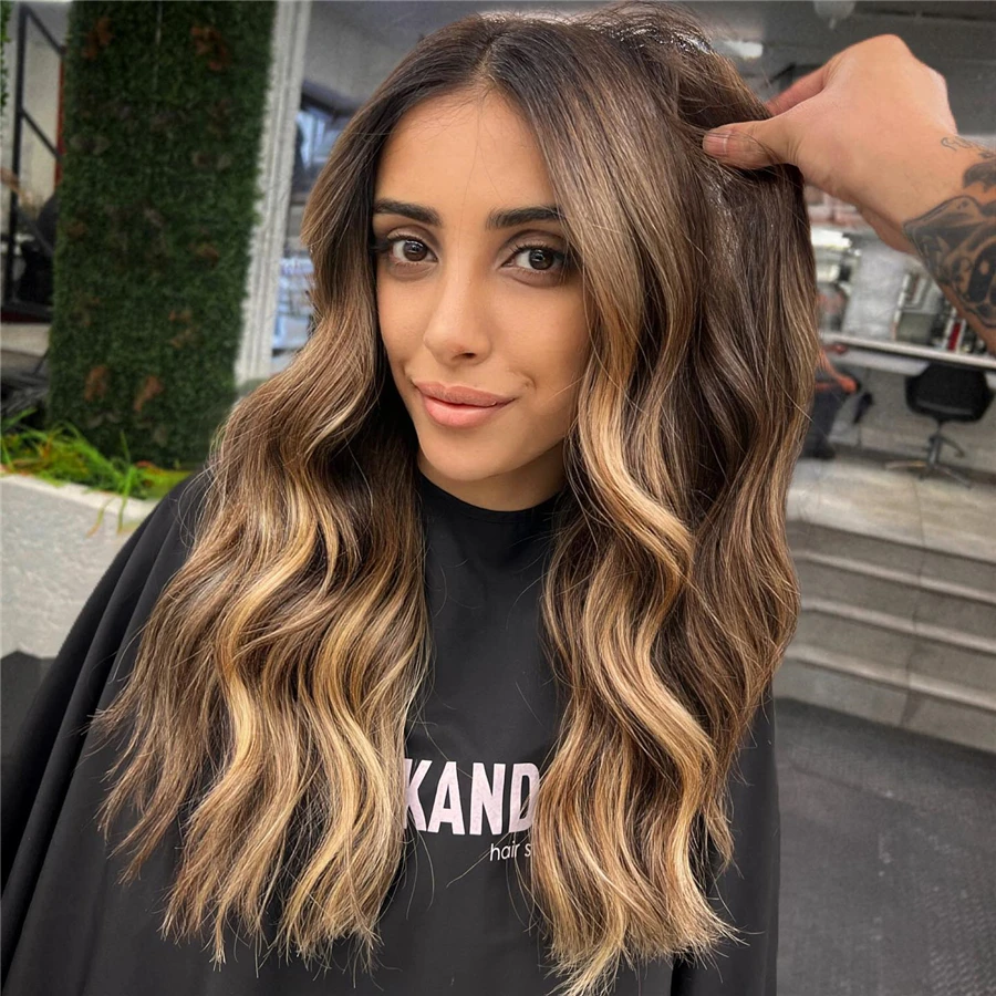 

Длинный волнистый роскошный женский парик 13x4 с кружевной передней частью, омбре блонд с темными корнями, балаяж, синтетические волосы, термостойкий