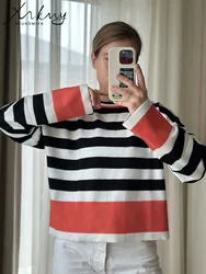 MiuKoMiYa Loose Round Neck Striped Sweaters For Women Oversized Knit Pullovers Lady Warm Tops Autumn Women Oversize Sweater 2024