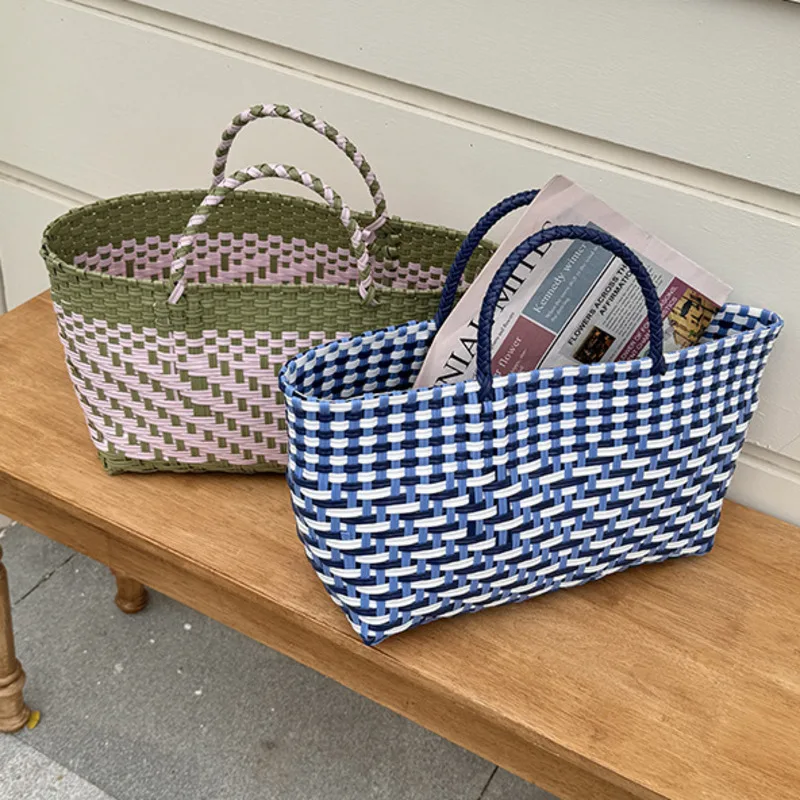 

Trendy Colorblock Handwoven Large Capacity Rectangular Woven Tote Bag For Women Grocery Shopping Picnic Beach Summer Vacation