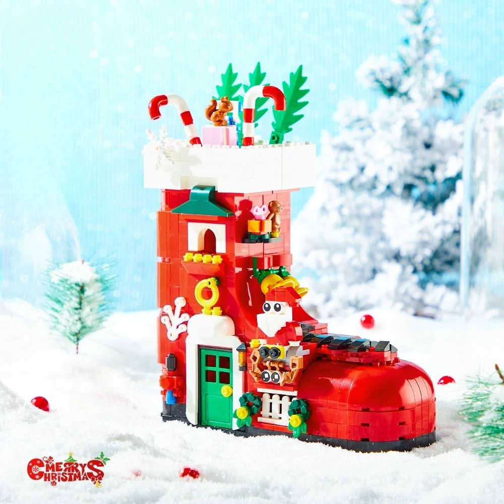 

MOC Christmas Santa Claus Shoes House Building Blocks Set Winter Snow Stocking Hut Festive Toys For Children Xmas Holiday Gifts