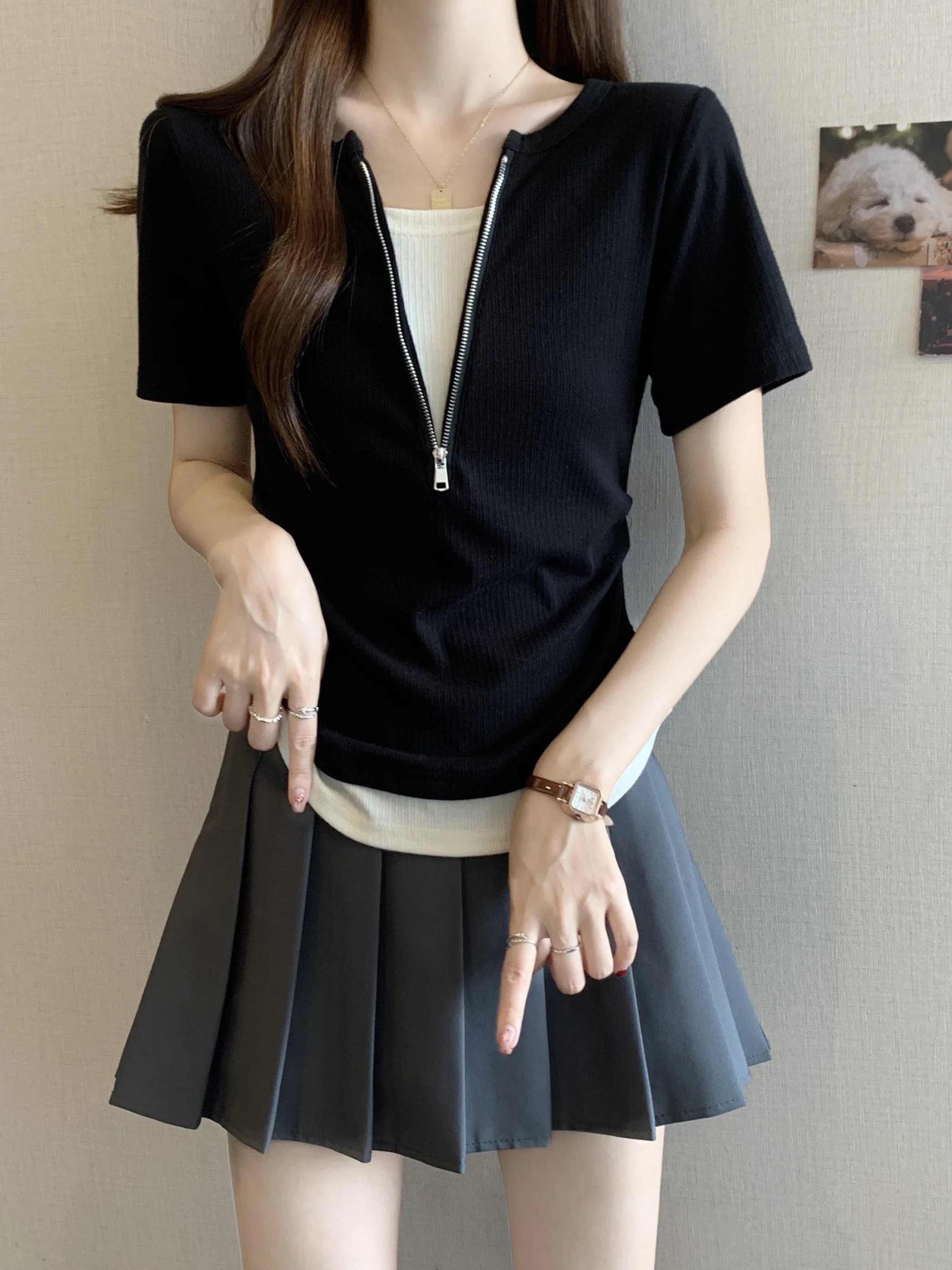 

plus Size Women's Slim Fit ort Sve T-irt Bla White Contrast f Zip up Top Summer Faion Sweet Sle High Waist