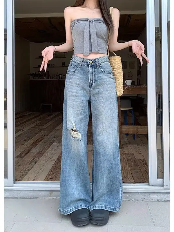 

American Retro Hole Wide Leg Denim Jeans Women's Spring Summer New Large Size Fat MM High Waist Loose Slim Straight Pants
