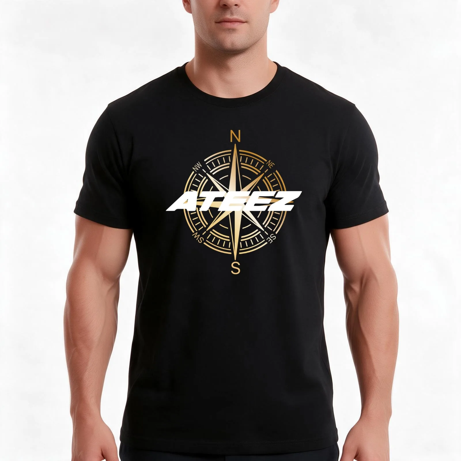 ATEEZ COMPASS DESIGN T-Shirt, Summer Casual Cotton Tee, Oversized Streetwear Tops, Vintage Graphic Print, Loose Fit Short Sleeve