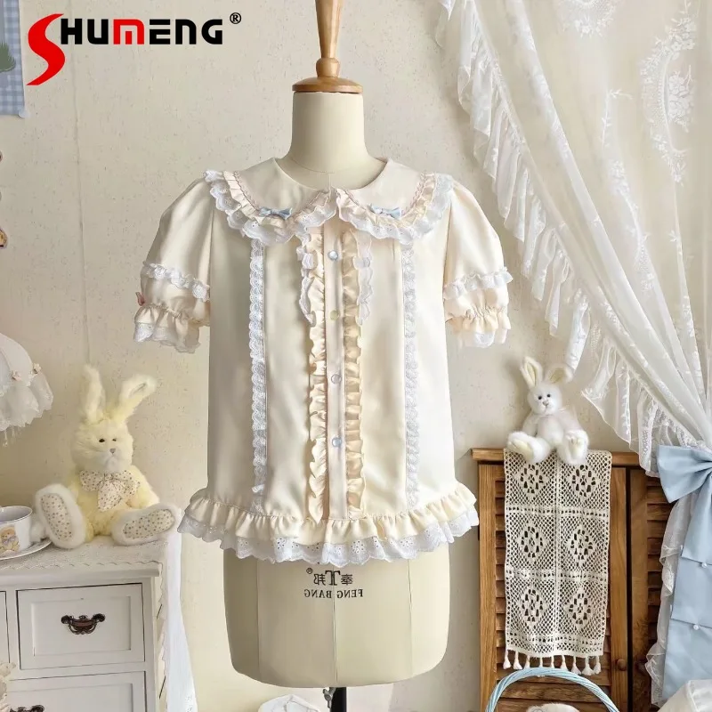 

Лолита Кукольный воротник Блузка с короткими рукавами Женская летняя милая универсальная рубашка с кружевной отделкой Внутренняя одежда Верхняя облегающая рубашка Женская