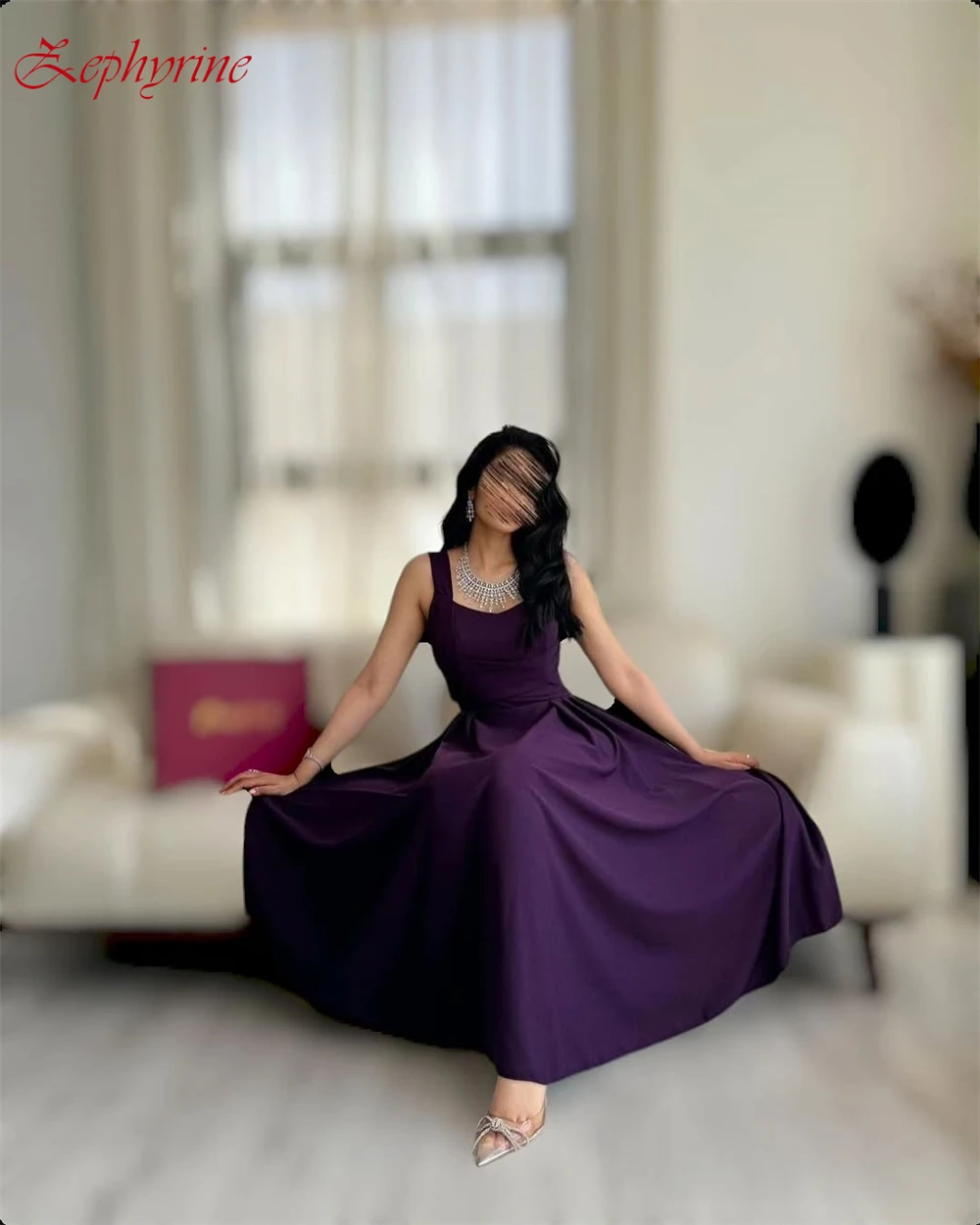 사용자 정의 절묘한 보라색 스퀘어 칼라 이브닝 드레스 우아한 새틴 민소매 댄스 파티 드레스 공식 생일 파티 Dresse