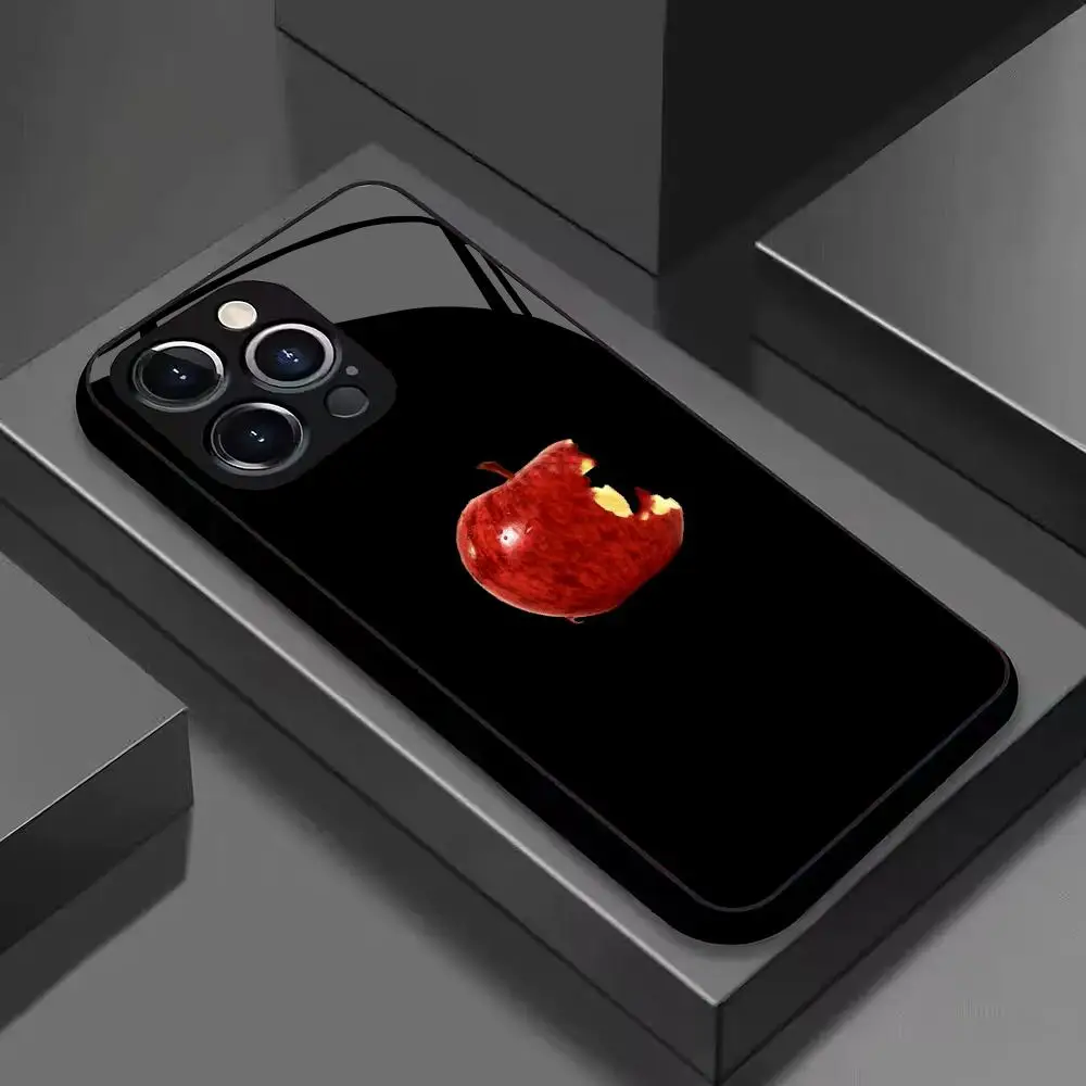 Coque de téléphone motif fruit rouge incomplet, coque de téléphone en verre exquise pour iPhone 18/17/16/15/14/13/12 Pro Max Pro Plus, coque arrière antichoc