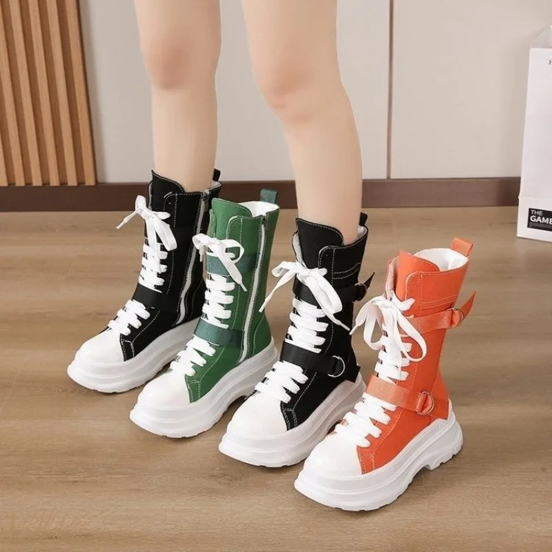 

Shoes for Women Canvas Chunky Platform Women Boots High Quality Chunky Boots Lady Thick Sole Mid Calf Boots Сапоги Трубы Женские