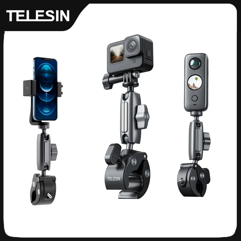 TELESIN Cycling Motorcycle Clip Magic Arm 360° Aluminum Alloy Super Clamp 1/4\