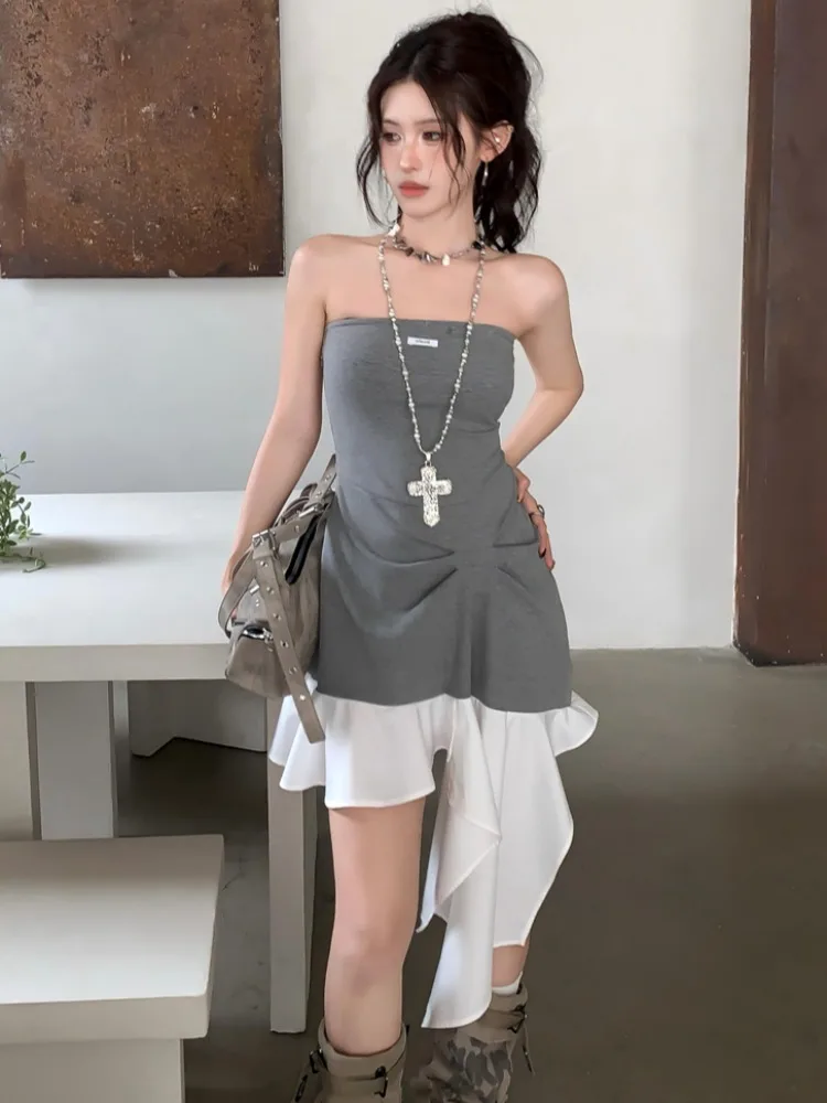 

Summer New Style Korean Spicy Girl Asymmetrical Hem Pleated Slimming Design Sensation Color Block Bustier Dress Commute