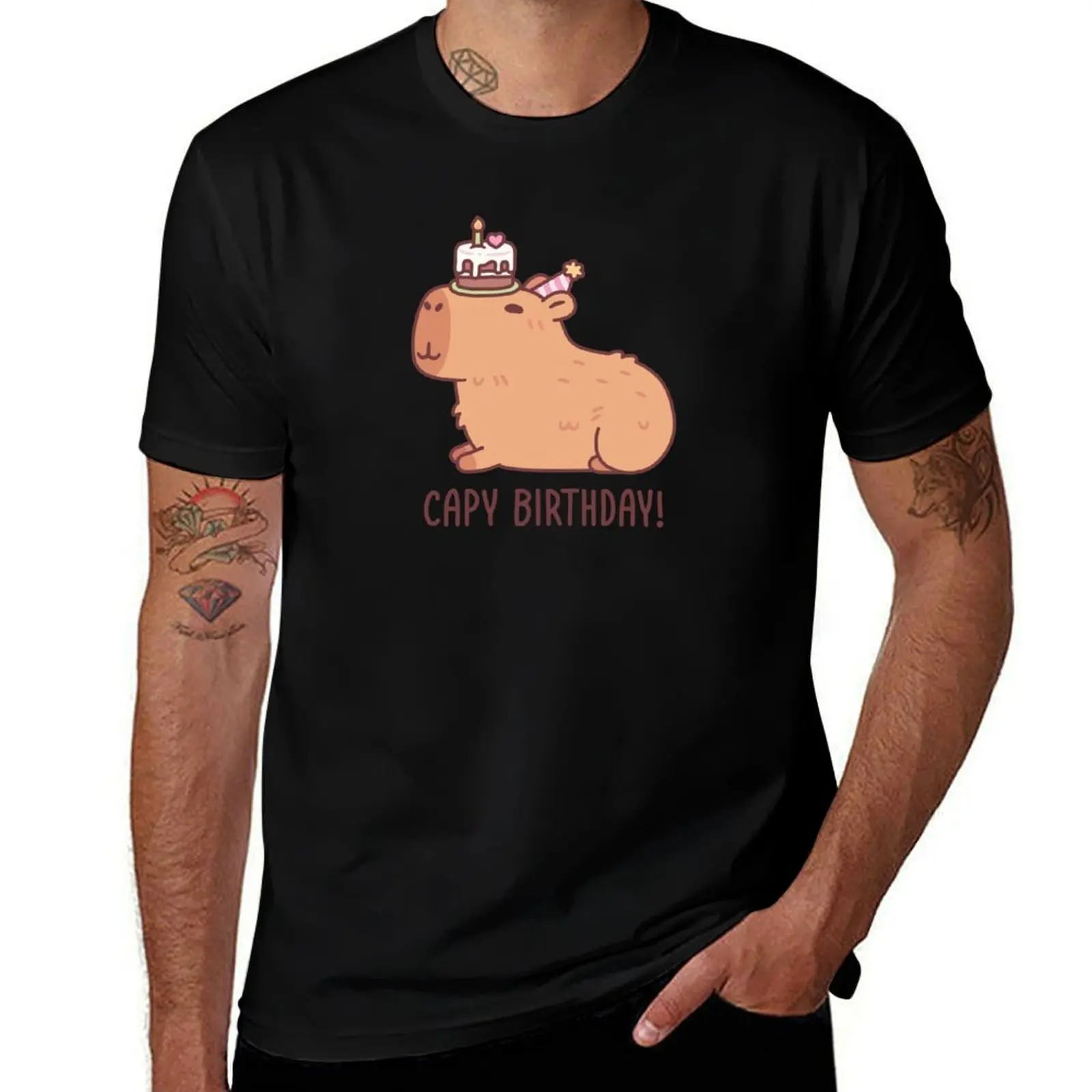 

Cute Capybara With Birthday Cake On Head Capy Birthday T-Shirt luxury designer Louboutins boys whites mens graphic t-shirts pack