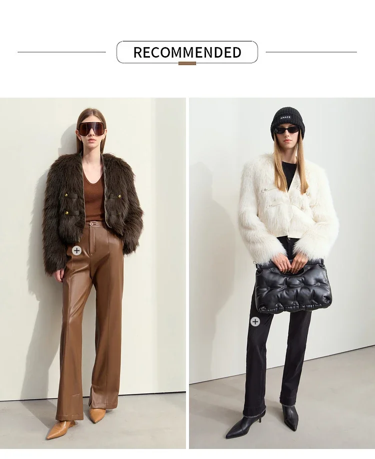 AMII 2026 Winter New Fur Jacket Solid Color Modern Warm Outerwear V-neck Imitation Fur Loose Spliced PU Top Female 12424012