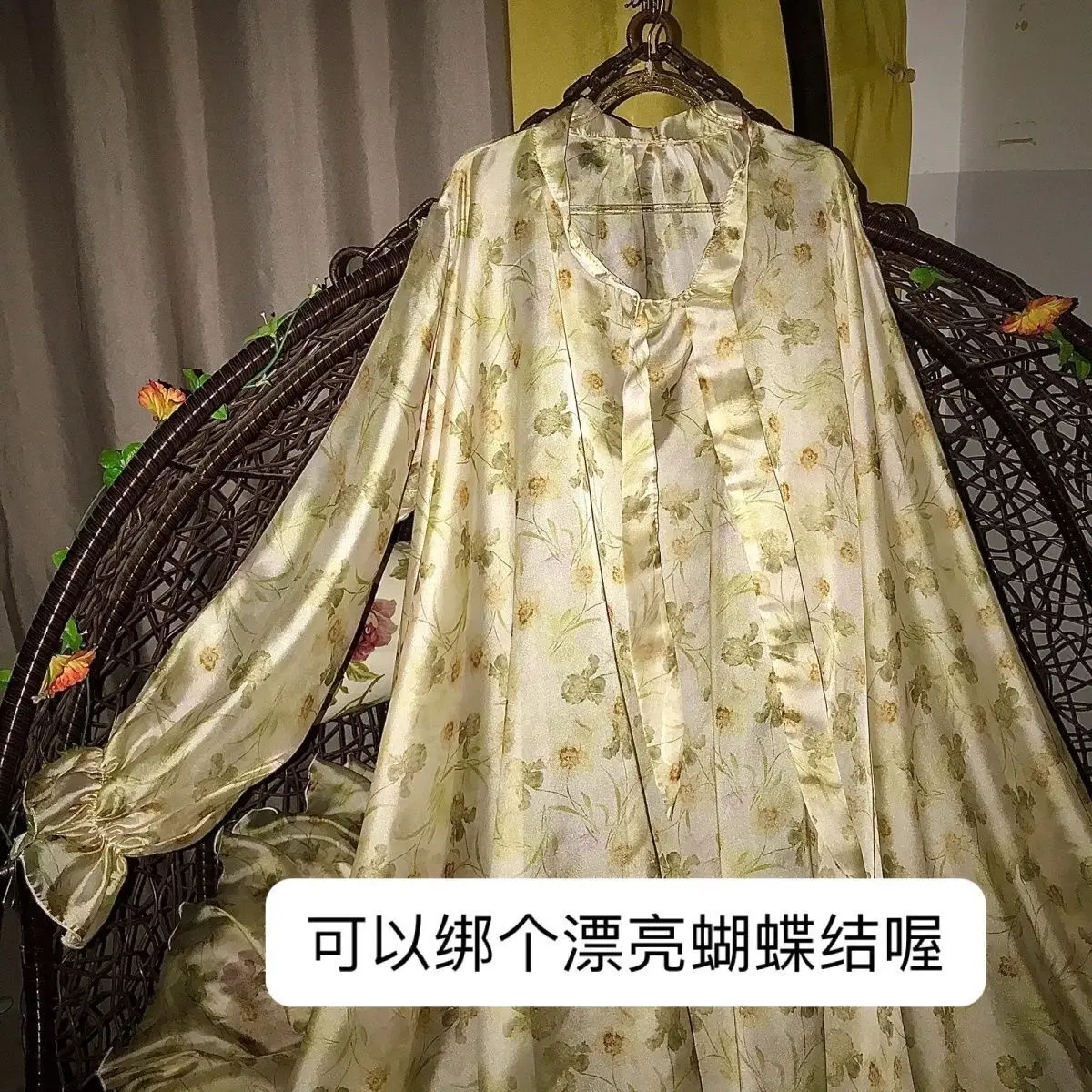 Glossy Beige Floral Print Ruffles Women Satin Loose Maxi Dress Sleeveless Plus Size Sexy Sleeping Robe
