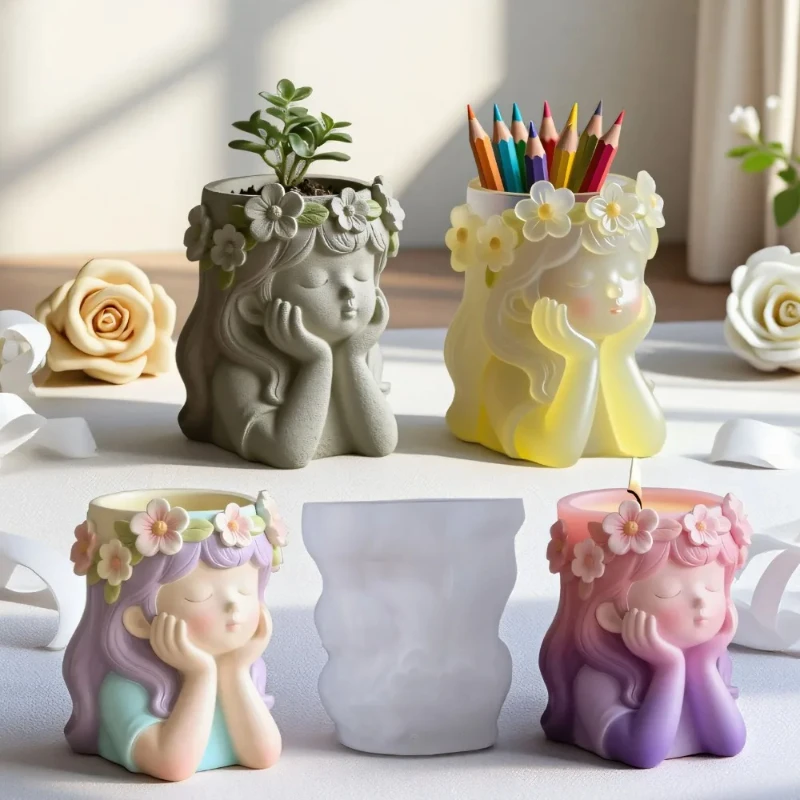 

1PC Silicone Mold for DIY Candle Flower Pot Resin Storage Box - Girl Wearing a Wreath Shape Vase Concrete Container Mold