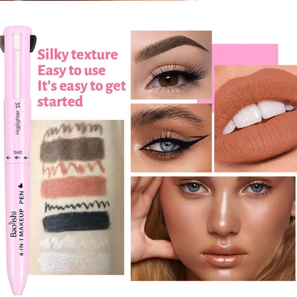 Lápiz de maquillaje multifunción 4 en 1, delineador de ojos compacto de viaje, delineador de labios, lápiz de cejas, lápiz de sombra de ojos resaltador