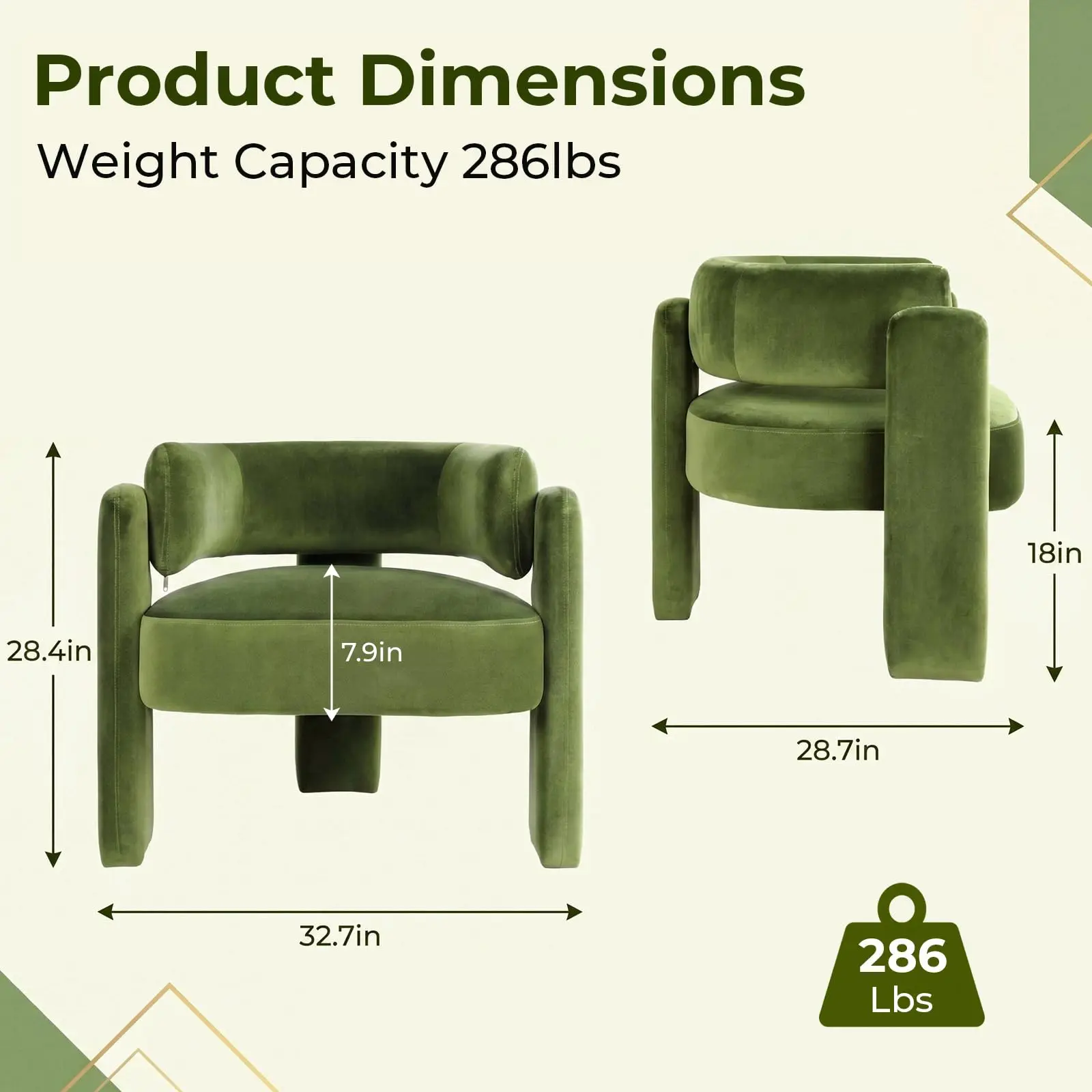 Modern Velvet Accent Chair, Comfy Upholstered Barrel Chair Accent Chairs with 3 Legs, Side Arm Chair for Living Room, Bedroom, Reading, 286 lbs Weight Capacity
