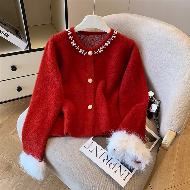 

Heavy Work Beaded Knitted Sweater Jacket Women Cropped Cardigan Coat Round Neck Single-Breasted Long Sleeve Knitwear Pull Femme