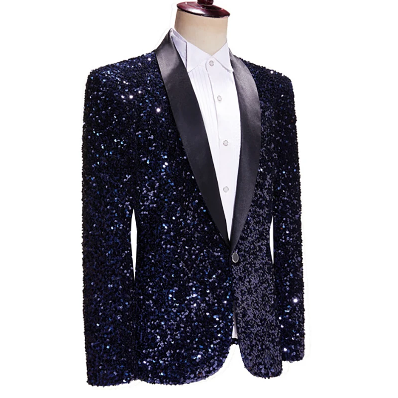 Mens Shiny Sequin Blazer Jacket Party Wedding Nightclub Glitter Shawl Lapel Tuxedo Blazer Navy Blue Stage Prom Dress Suit Jacket