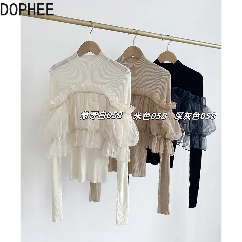 

Japanese New Autumn Winter Women Knitted Basic Shirts Elegant Mesh Ruffles Half High Collar Pullover Top Slim Female Sweaters