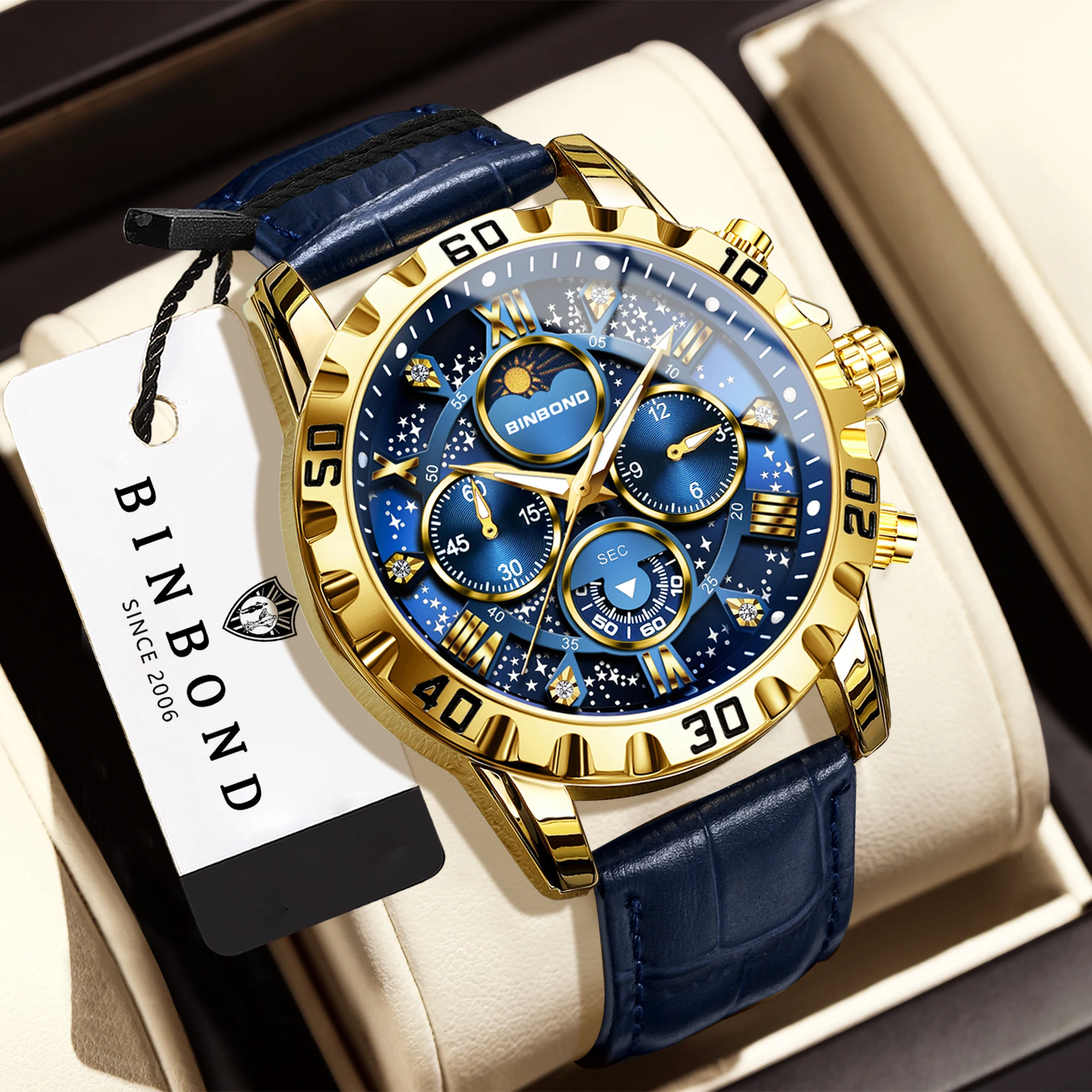 

BINBOND Genuine accurate quartz wristwatches for men luxury luminous waterproof chronograph leather strap men's watch reloj