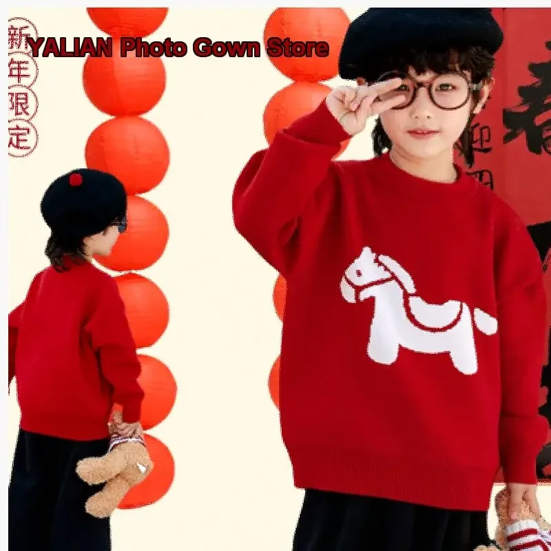 Boys Knit Top Kids Spring Autumn Winter Zodiac Year of the Horse Celebration Solid Color New Year Outfit