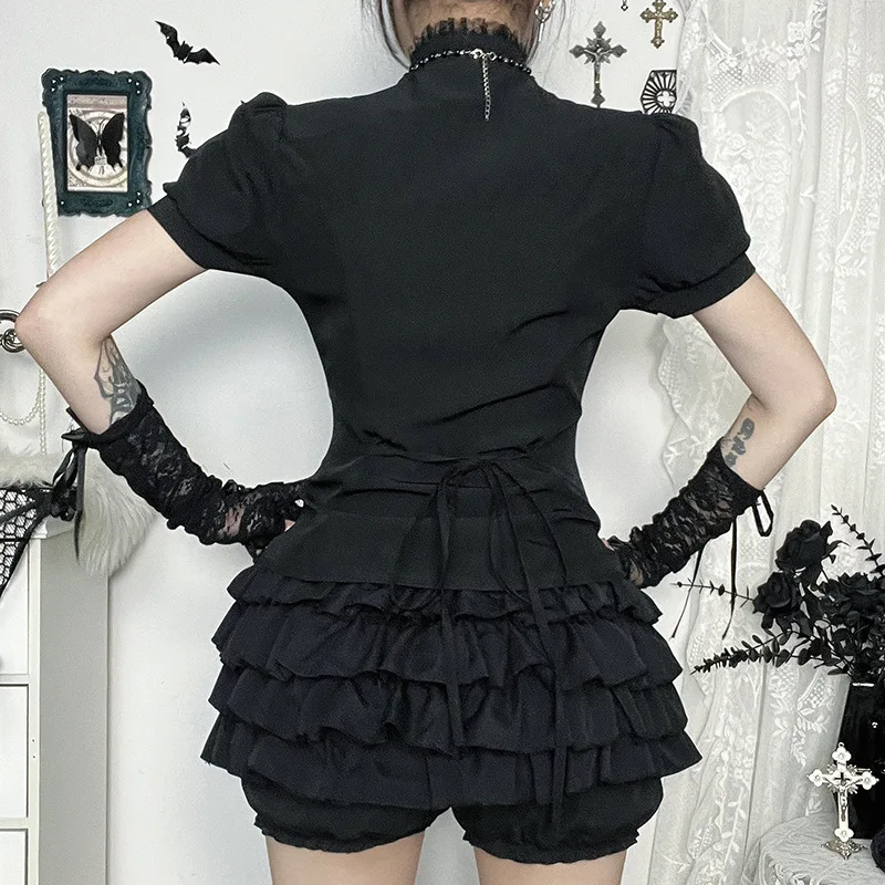 Chic Kant Patchwork Vintage Gothic Shirt Vrouwen Y2k Zwart Korte Mouw Japanse Lolita Shirts Donkere Zoete Outfits Zomer Nieuw
