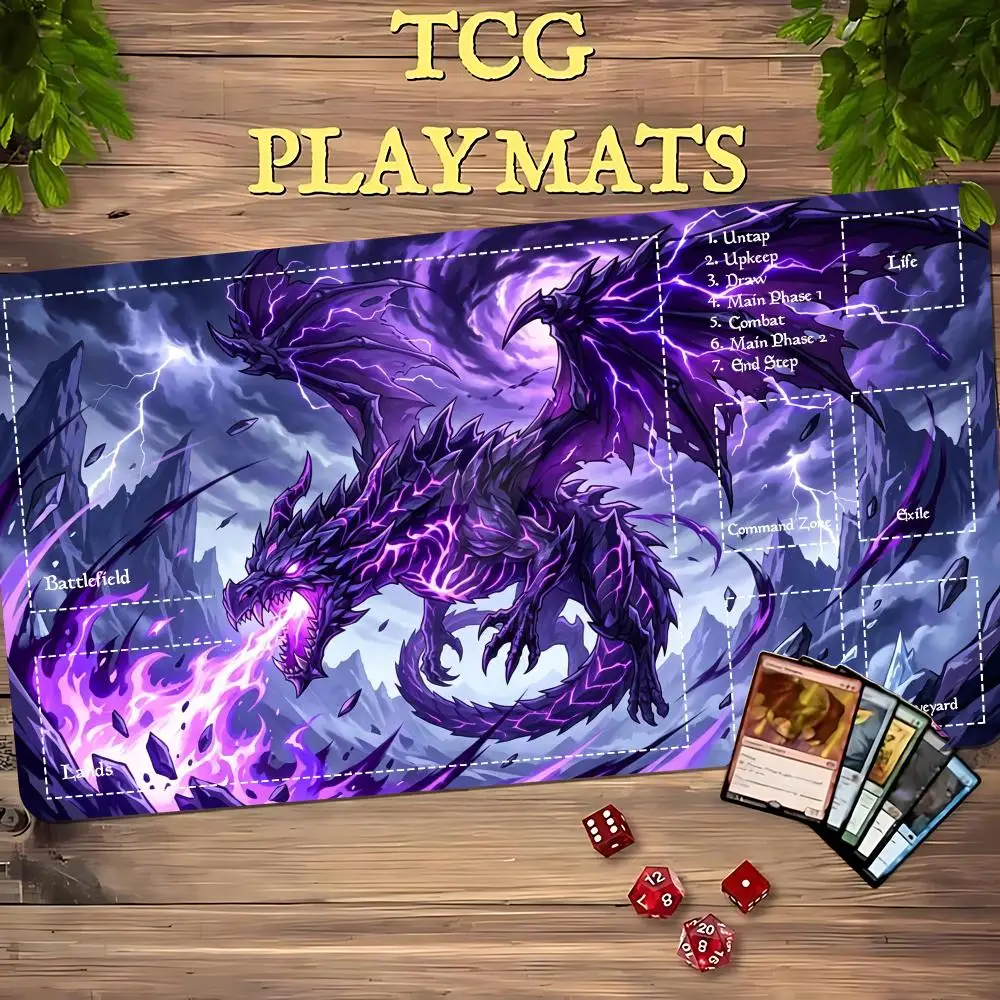 Purple Thunder Fire Dragon Peak TCG Playmat 35X60CM Magic Card Battle Mat Non-Slip Durable Stitched Edge Tabletop Playmat