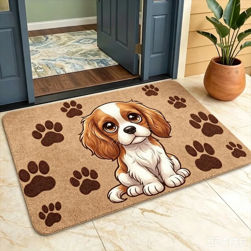 Cute Puppy Welcome Mat Funny Cavalier King Charles Spaniel Floor Rug Lovely Dog Paw Print Entryway Doormat For Front Door