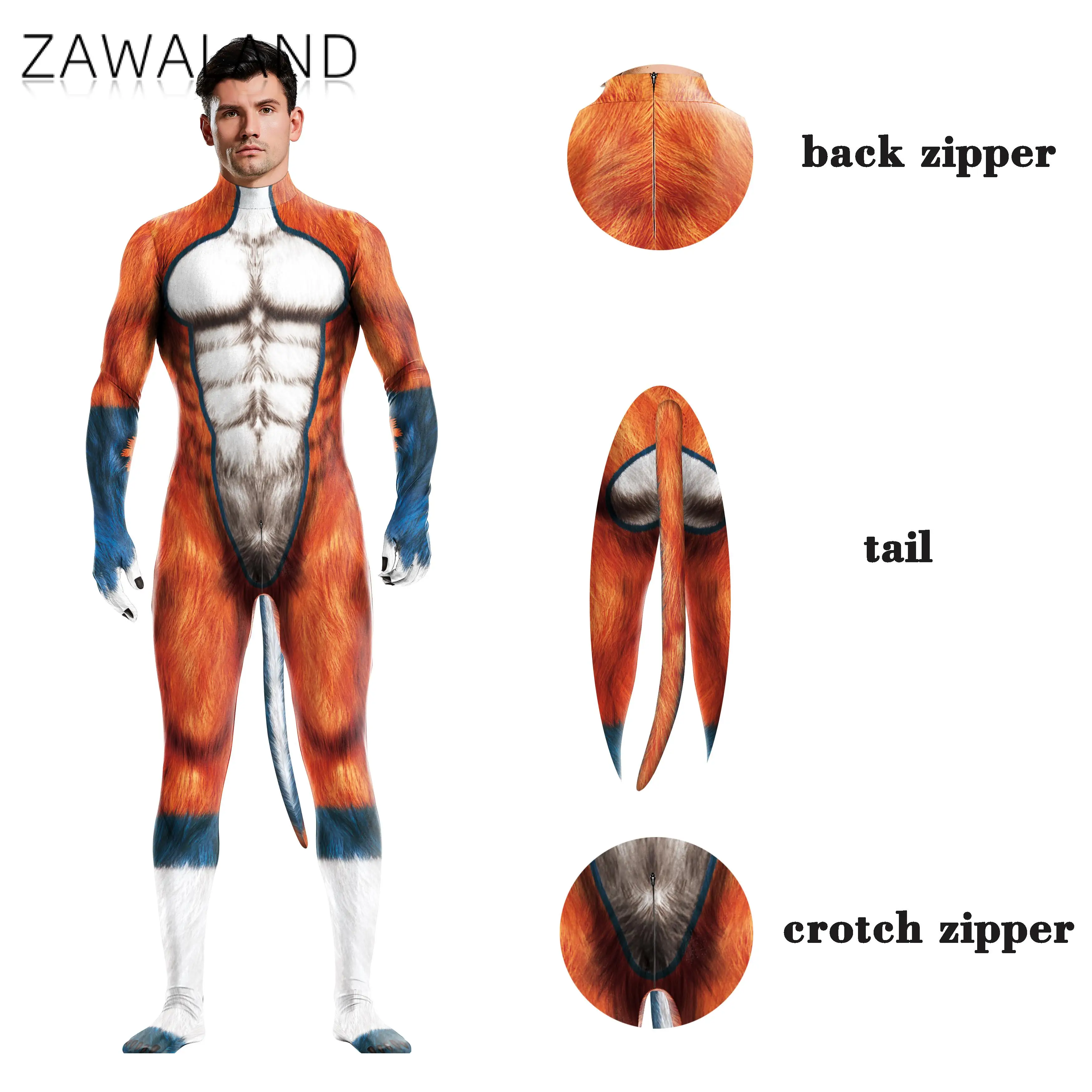 Trajes inteiros de Zawaland Cosplay para adultos Animal Catsuit Spandex Bodysuit 3D Impresso Zentai Bondage Muscle Suit Festa de Halloween