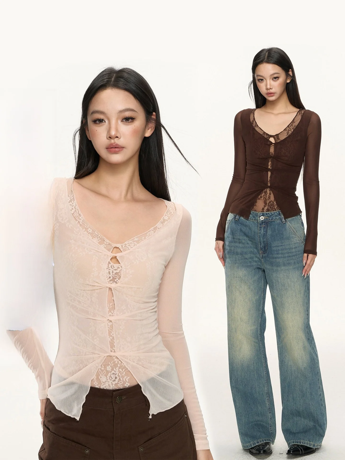 

Ele Long Sve Women's Base irt Nova B Lace Insert Casual Sle Slim Fit Cotton Polyester V Ne Top Inner Wear