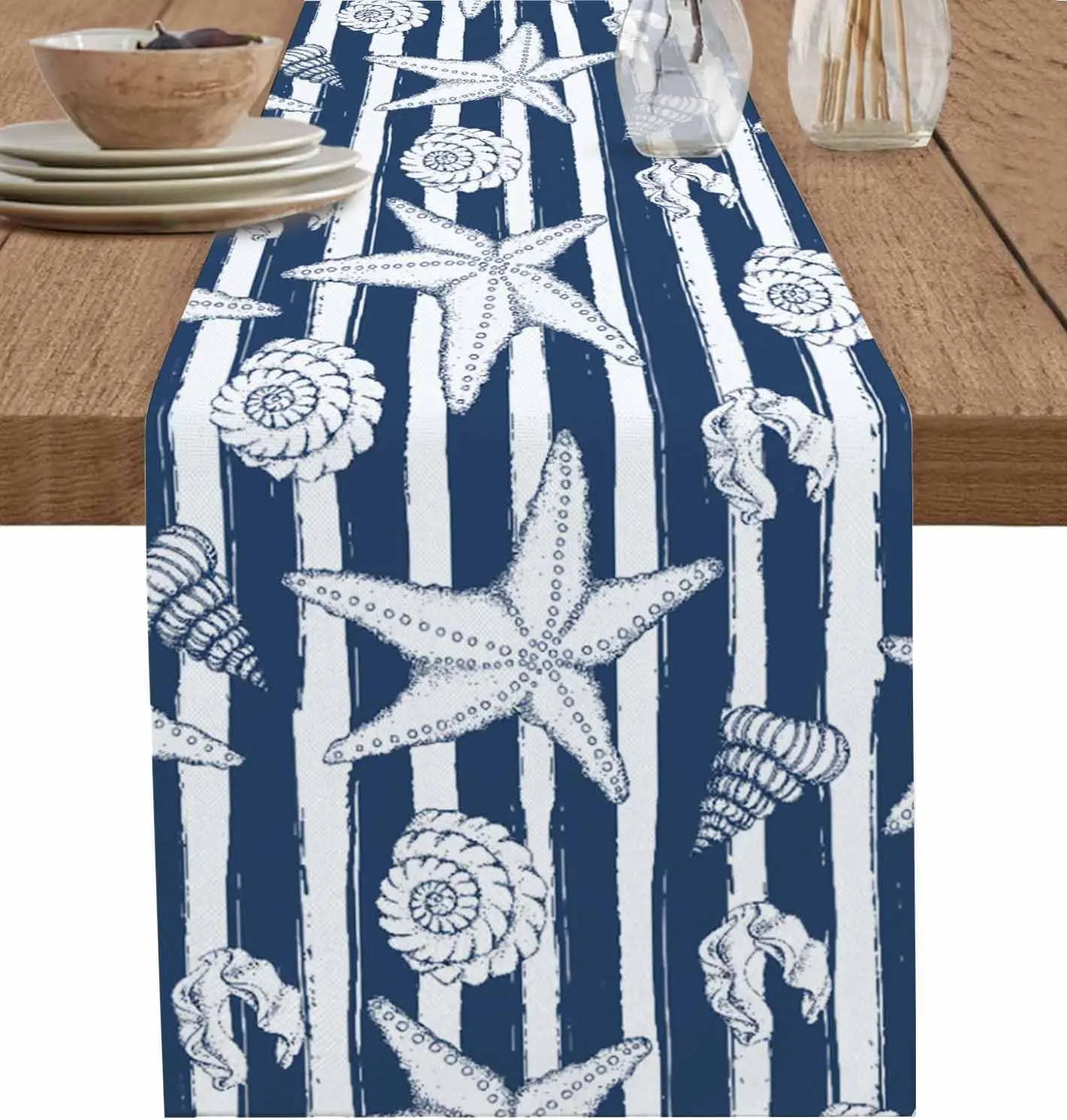 Beach Conch Starfish Shell Linen Table Runner Dresser Scarf Dining Table Decor Washable Coffee Table Kitchen Holiday Party Decor