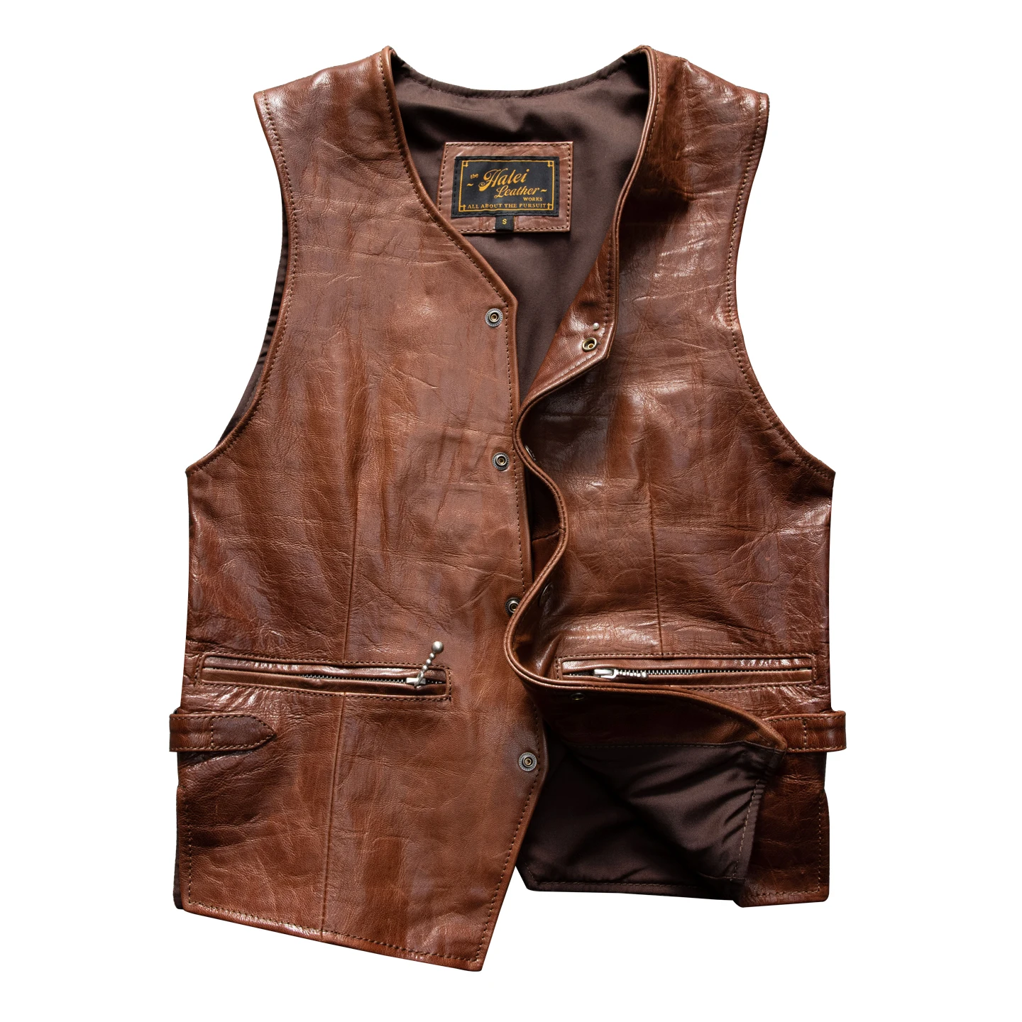Brown Spring Leather Vest Men Retro Style Plus Size 5XL Genuine Natural Sheepskin O-Neck Collar Single Breasted Sleeveless Coat